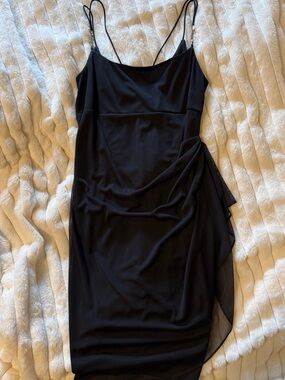 Alex Evenings Black Spaghetti-Strap Midi Dress with Draped Side Detail